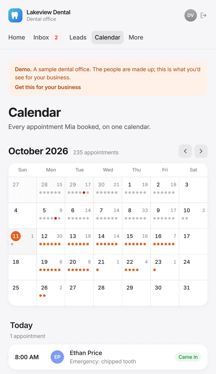 The Margin portal calendar: every appointment Mia booked, by day. Sample office with made-up people.
