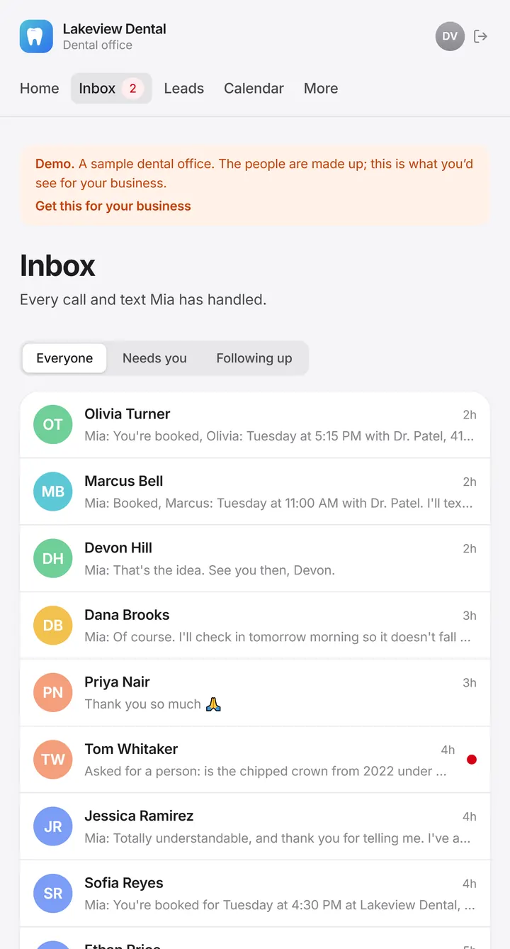 The Margin portal inbox: every call and text Mia handled, with who needs a call from the team. Sample office with made-up people.