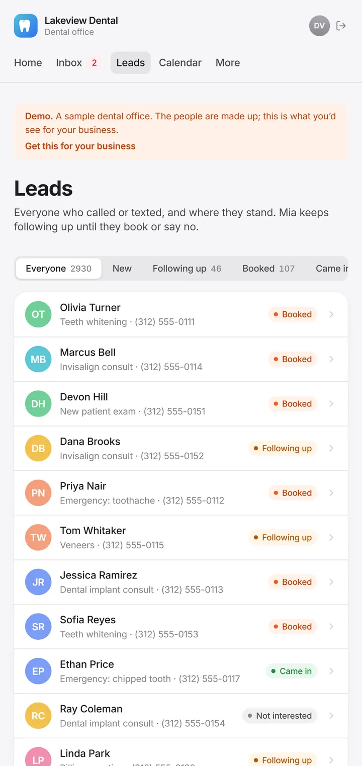The Margin portal leads list: everyone who called or texted and where they stand. Sample office with made-up people.
