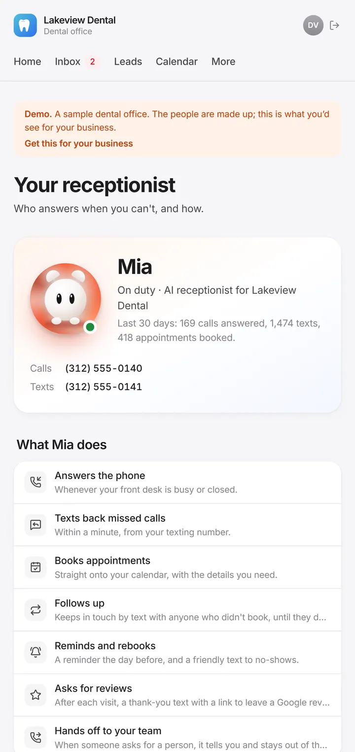 Mia's page in the Margin portal: what she does, from answering the phone to asking for reviews. Sample office with made-up people.